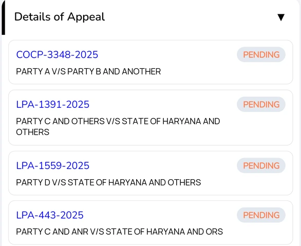 Details of Appeal section listing appeals filed against the case