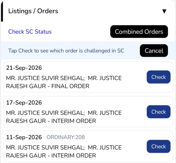Listings and Orders with a Check button next to each order