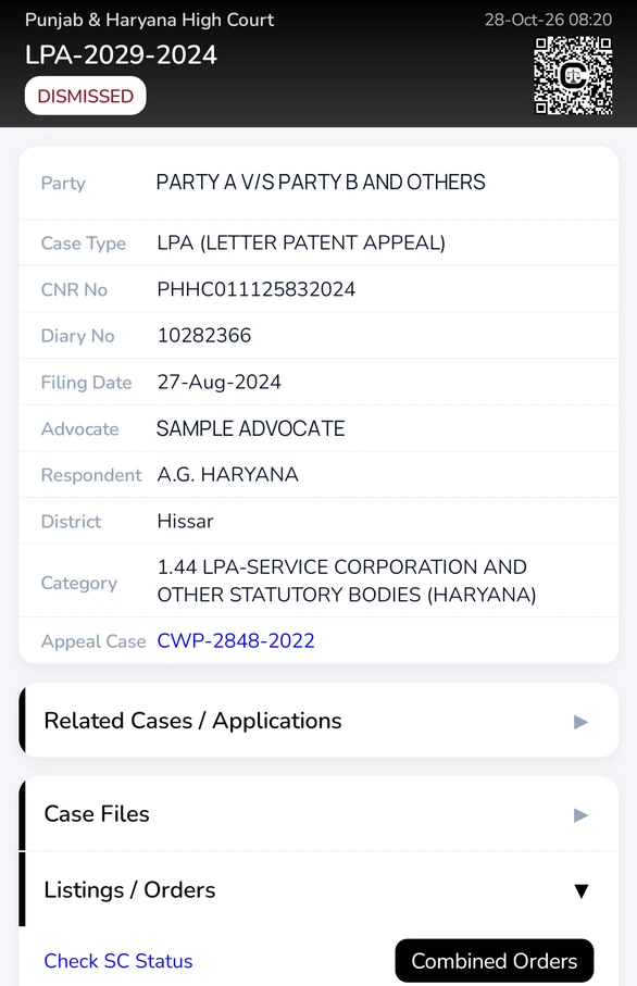 Case details with the case information, sections, and Listings / Orders