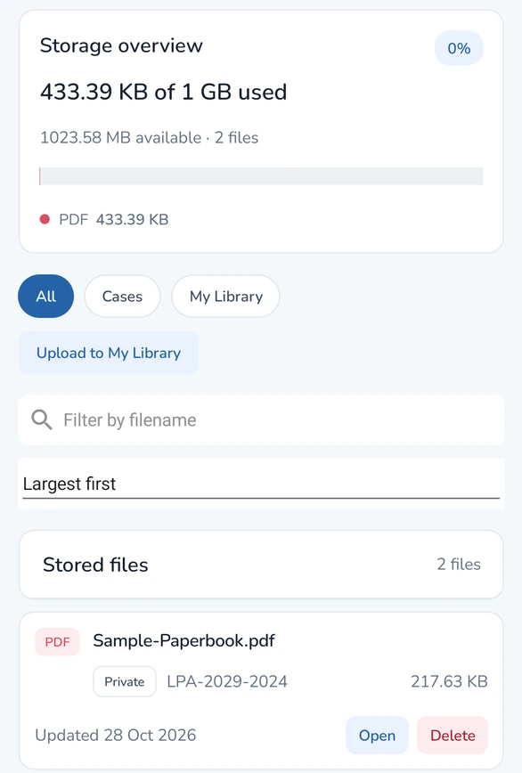 My Library screen showing storage used, the All, Cases, and My Library chips, and stored case files