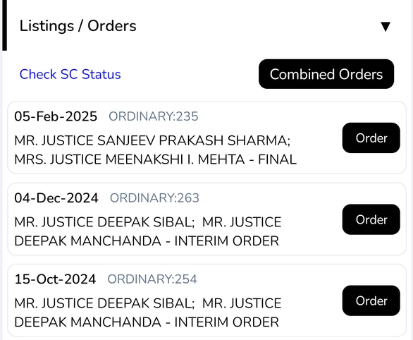 Listings and Orders section with Check SC Status, the Combined Orders button, and order dates