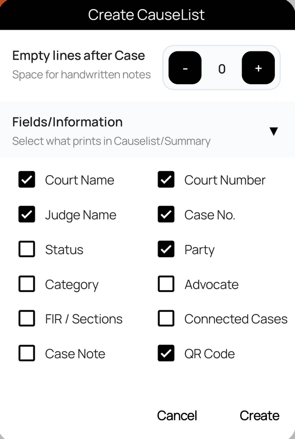 Create CauseList options with empty lines and the fields to print