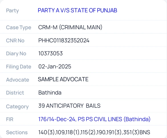 Case details with party, CNR, diary number, advocate, and FIR values