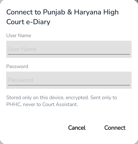 Connect to Punjab and Haryana High Court e-Diary form with User Name and Password