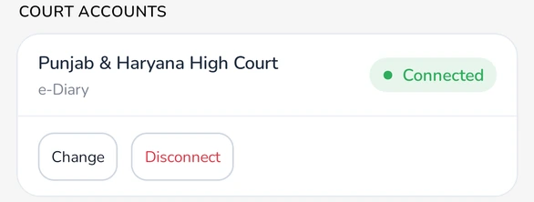 Court Accounts in Settings showing the e-Diary as Connected, with Change and Disconnect