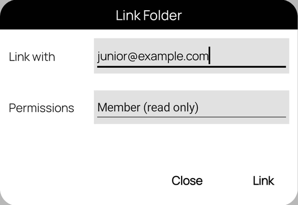 Link Folder dialog showing the account email and permission options