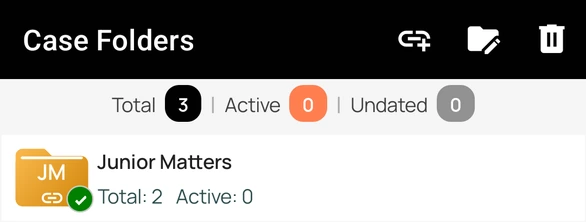 A case folder selected with the Link action visible in Court Assistant