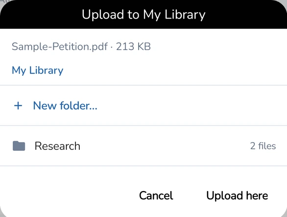 Upload to My Library dialog with a folder and the New folder option