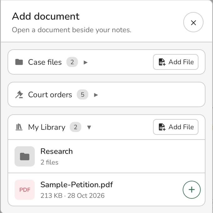 Add document panel with the Case files, Court orders, and My Library sections