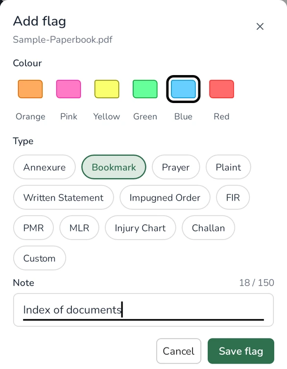 Add flag card with colour, type, and note