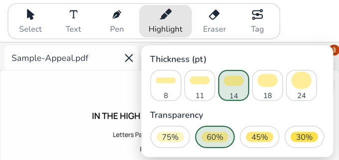 Highlight settings with thickness and transparency choices