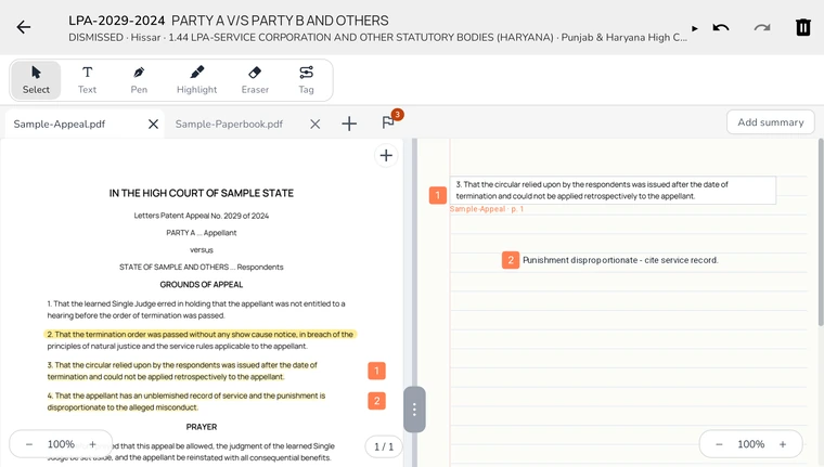 NoteA with a highlighted document on the left and a notes page with a tag and a typed note on the right