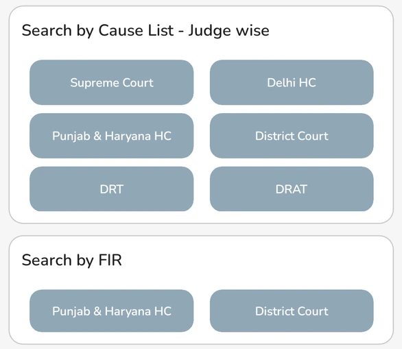 Search by Cause List and Search by FIR cards with court buttons