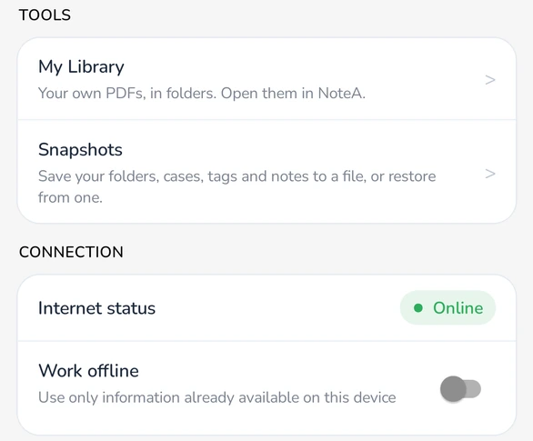 Settings with the Tools and Connection sections and the Work offline switch