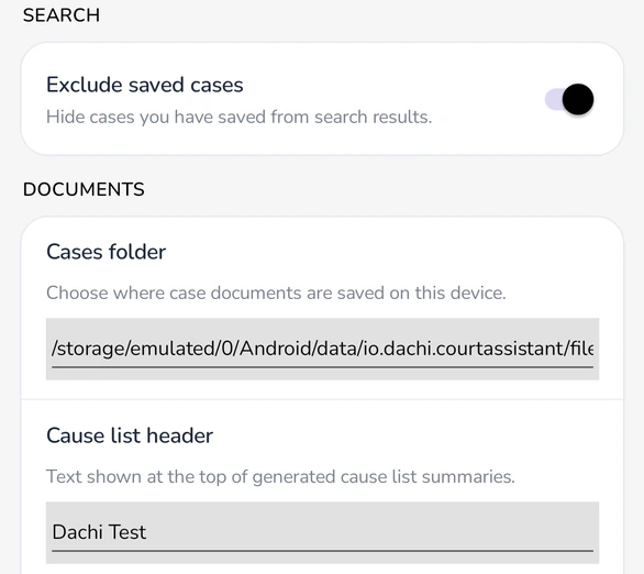 Settings with Exclude saved cases and the Documents section