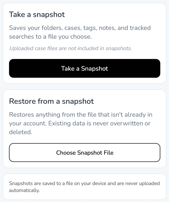 Snapshots screen with Take a Snapshot and Choose Snapshot File